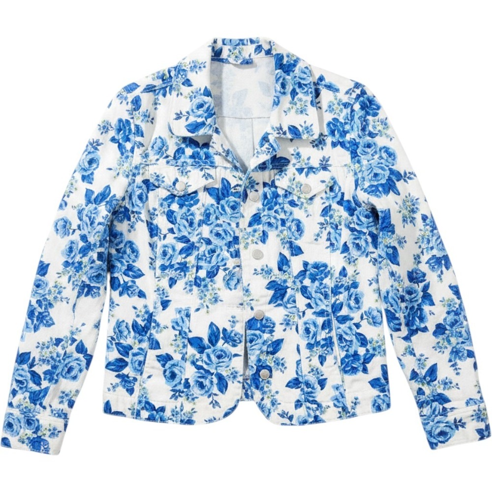 Charter Club Jean Shop Floral Denim Jacket Womens Medium Blue White Rose RN89828
